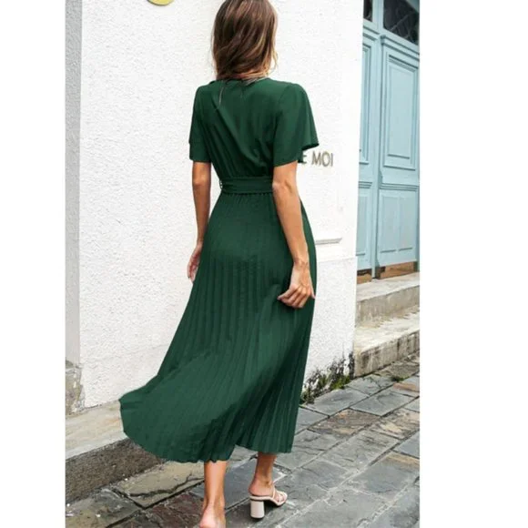 Flutter Sleeve Belted Surplice Midi Dress - Picture 3 of 9